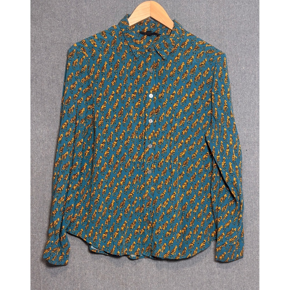 Jane + Delancey Teal Blue Leopard Cat Print Button Down Shirt Women Medium